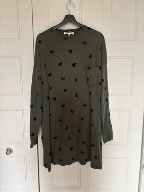 McQ Alexander McQueen Olive Green Swallow Print Long Sleeve Tunic Dress